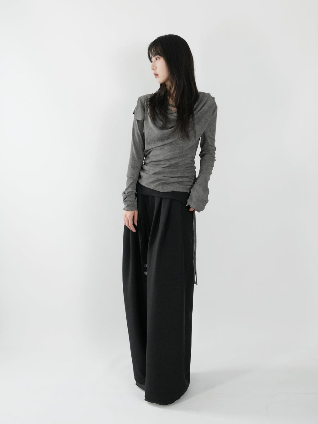 Draped-neck top with double drawstrings