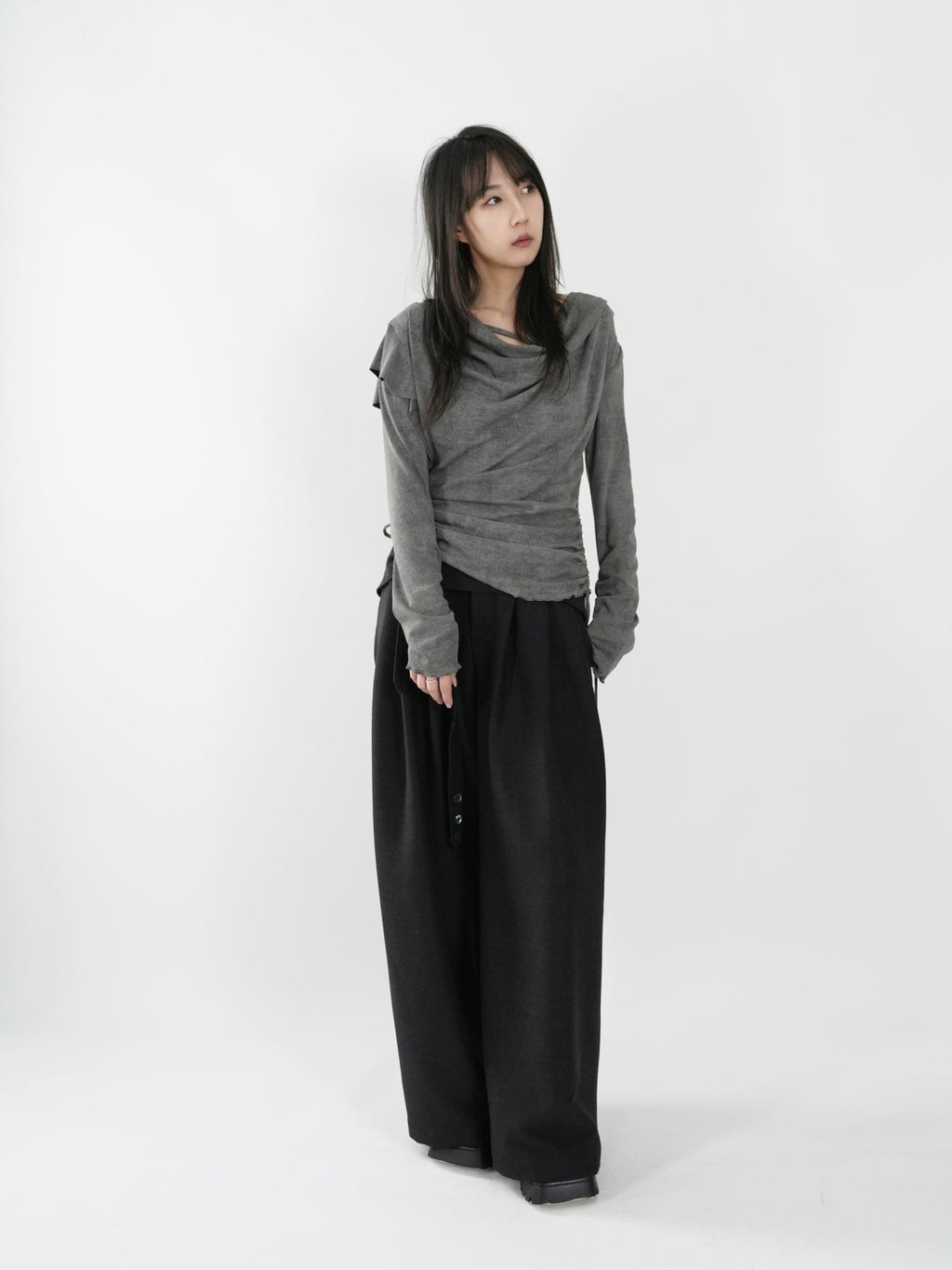 Draped-neck top with double drawstrings