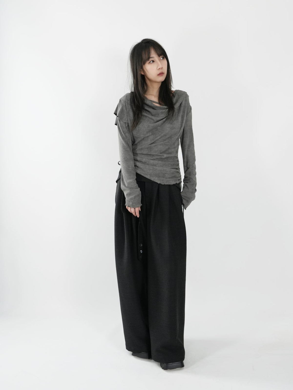 Draped-neck top with double drawstrings