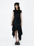 Saucer-wing skirt dress with a slanted neckline