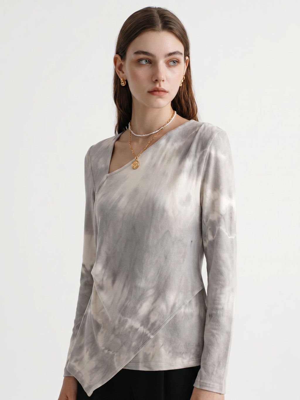 Slant V-neck Long Sleeve T-Shirt