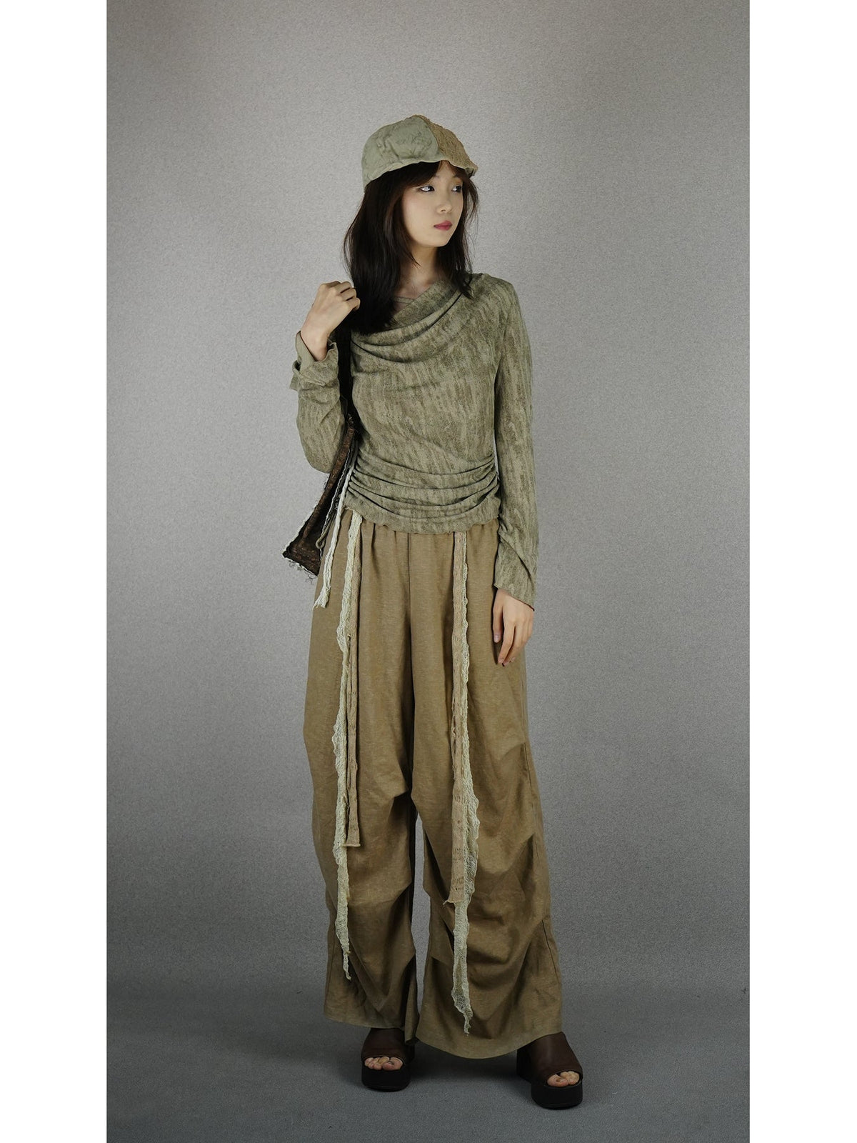 Draped-neck top with double drawstrings