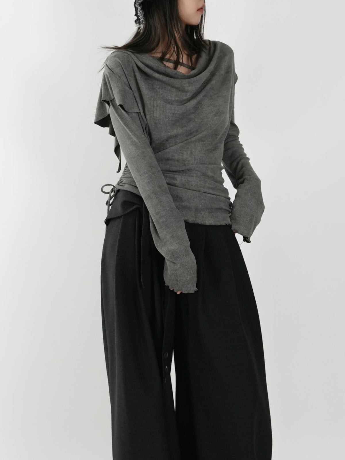 Draped-neck top with double drawstrings