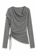 Cowl-Neck Double-Drawstring Top - Gray M