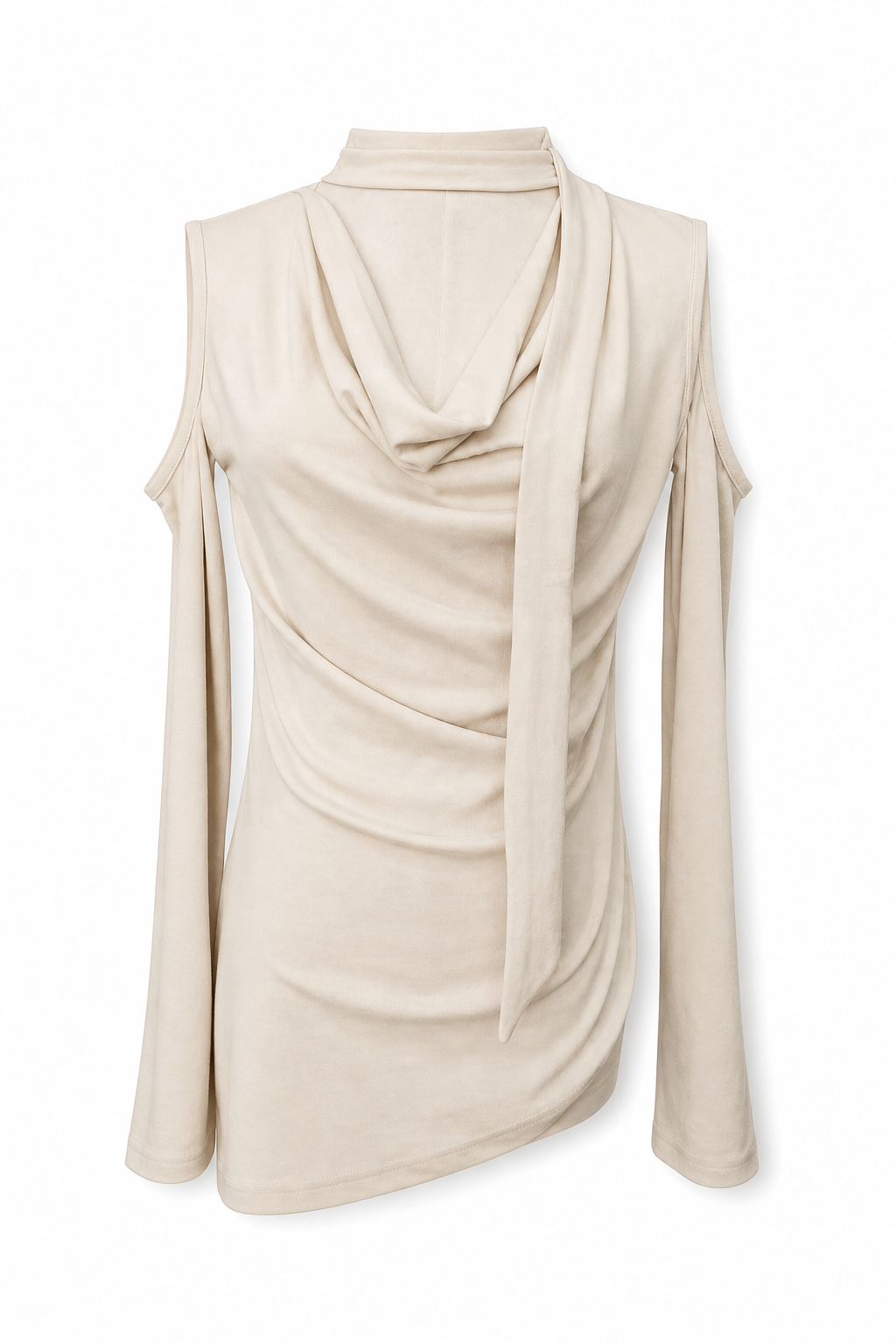 Off-Shoulder Cinched Knit Top - Beige L